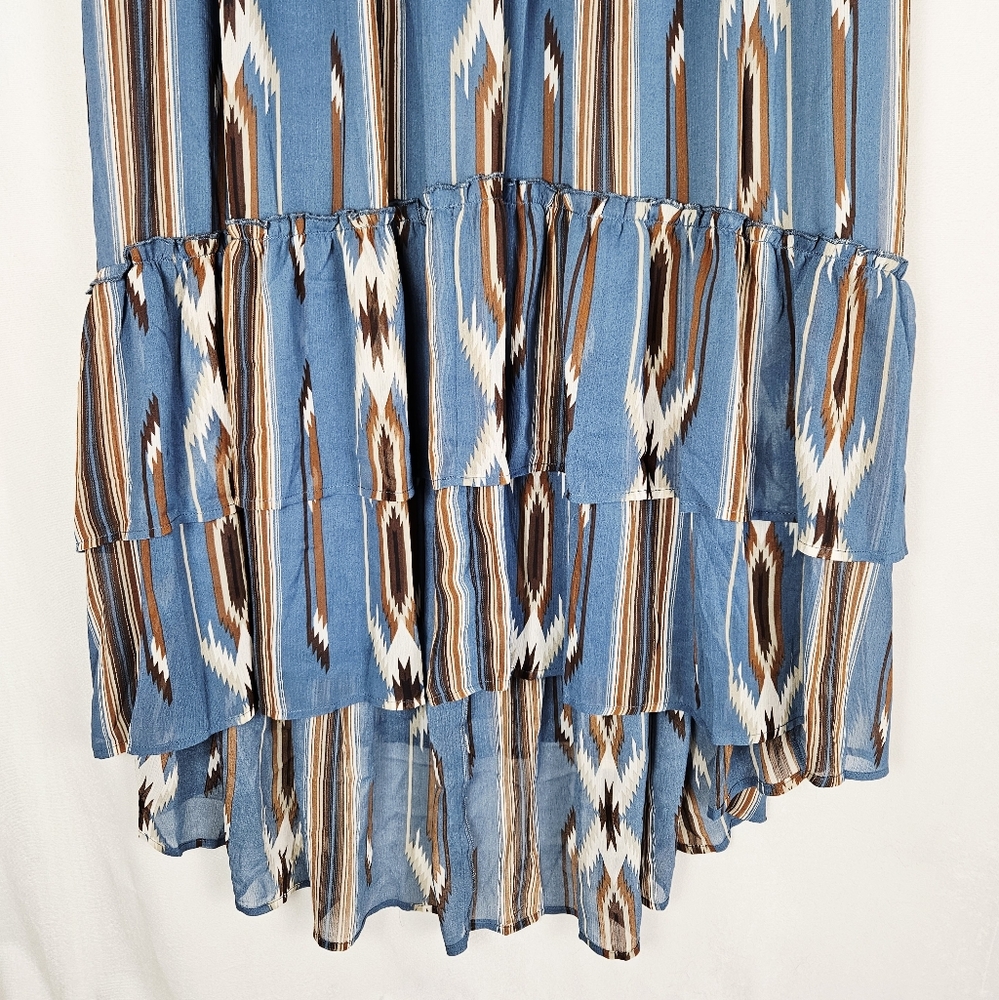 NWT Ariat Chimayo Blue and Brown High Low Smocked Maxi Skirt Size Large - Picture 2 of 5